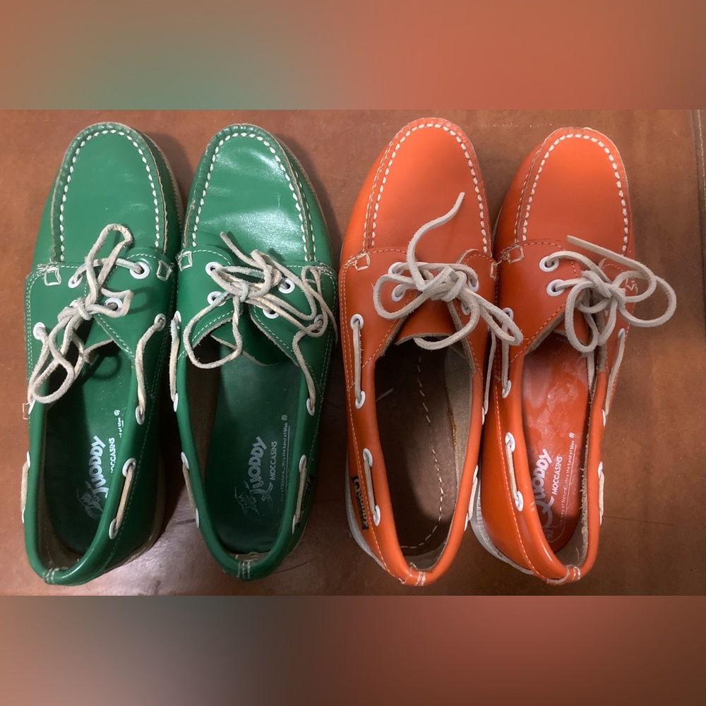 Quoddy Green and Orange Leather Boat Shoes. Size 8 1/2